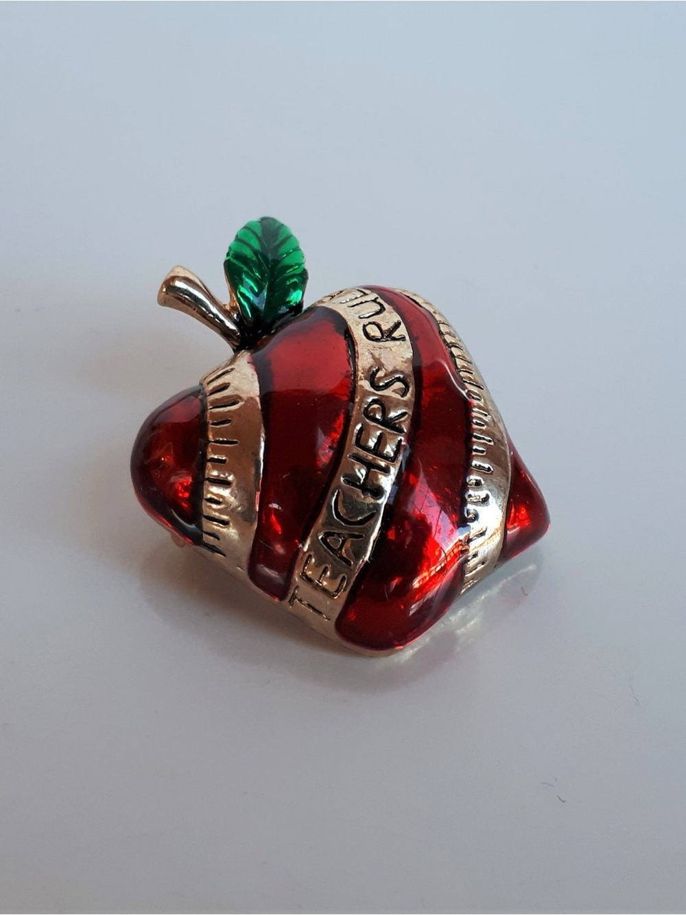 Vintage Enamel Teacher's Rule Apple Brooch Pin 90’s
